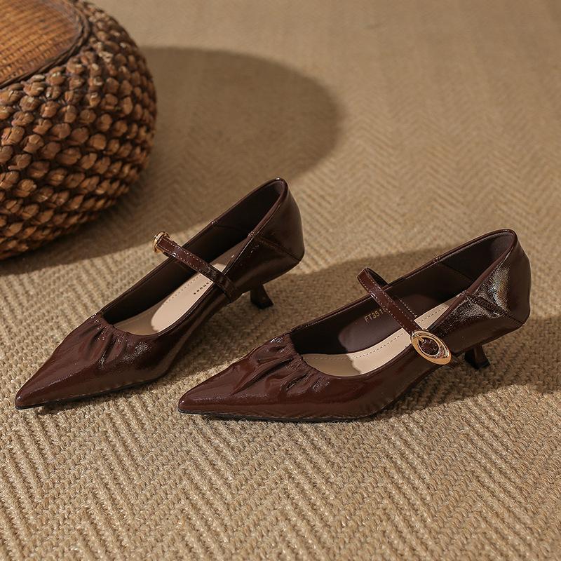 3519 Fashionable French Pleated Soft Leather Pointed Toe Elegant One-Line High Heels Women's Stiletto Shoes Medium Heel Not Tiring for Feet