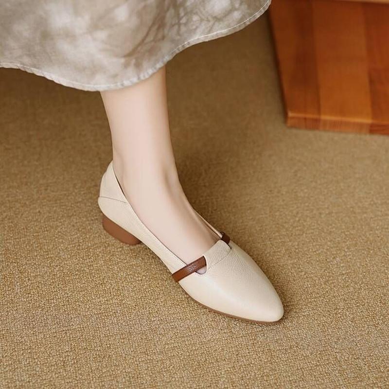 2025 Spring New Style French Pointed-Toe Single Shoes for Women, Soft Leather Low-Heeled Mary Jane Shoes, Retro Versatile Work Clothing Shoes