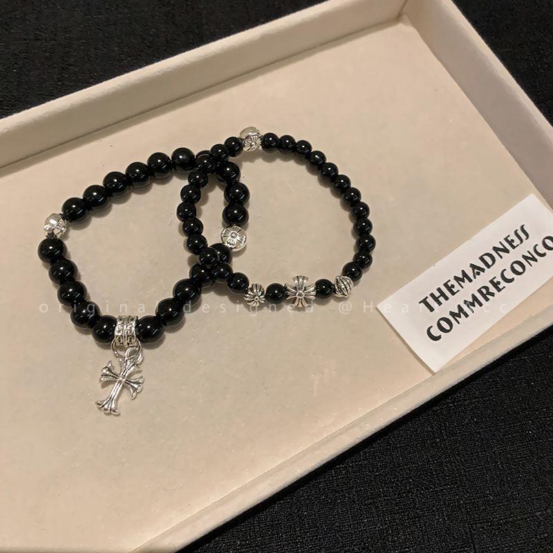 Cat's Eye Stone Cross Beaded Bracelet for Women, Versatile Couple Elastic Cord Bracelet for Best Friends and Students, Roman Cross Jewelry
