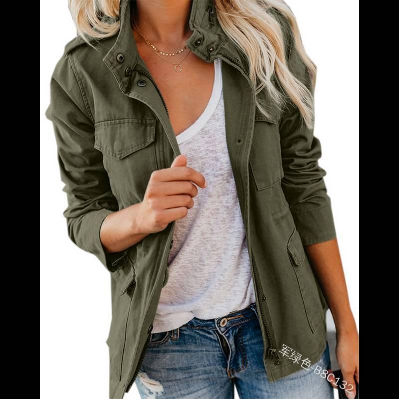 Q029 Jacket Spring and Autumn Slim Fashion Trendy Solid Color Loose Korean Style Zipper Multi-Pocket Jacket Women's Jacket