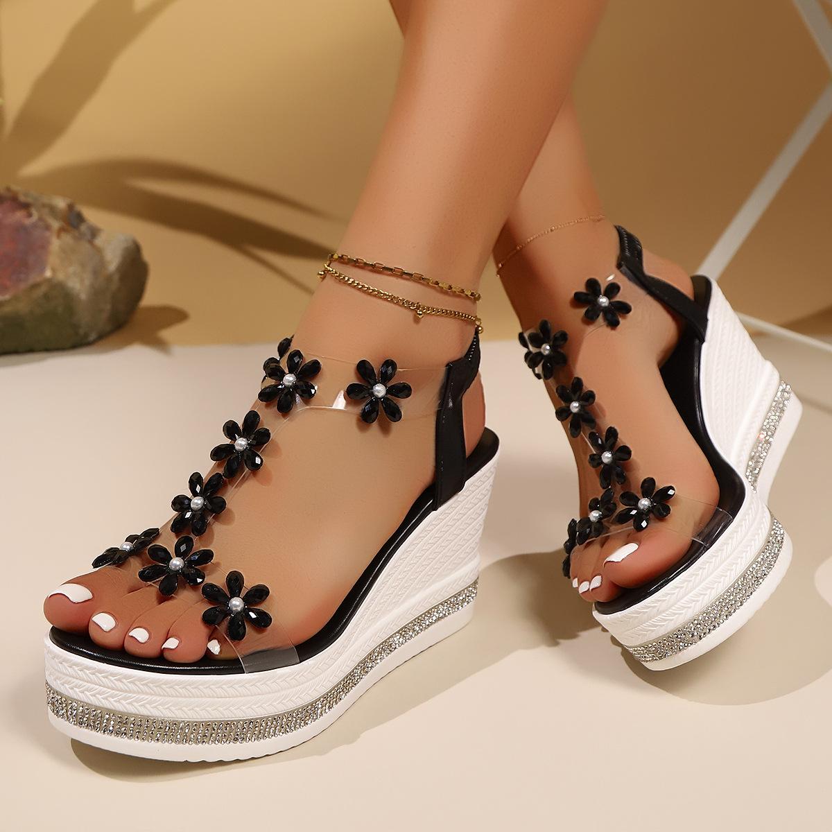 Foreign Trade Thick-Soled Sandals for Women 2026 Summer New Large Size Fashion Wedge Flower Rhinestone Fairy Beach Shoes
