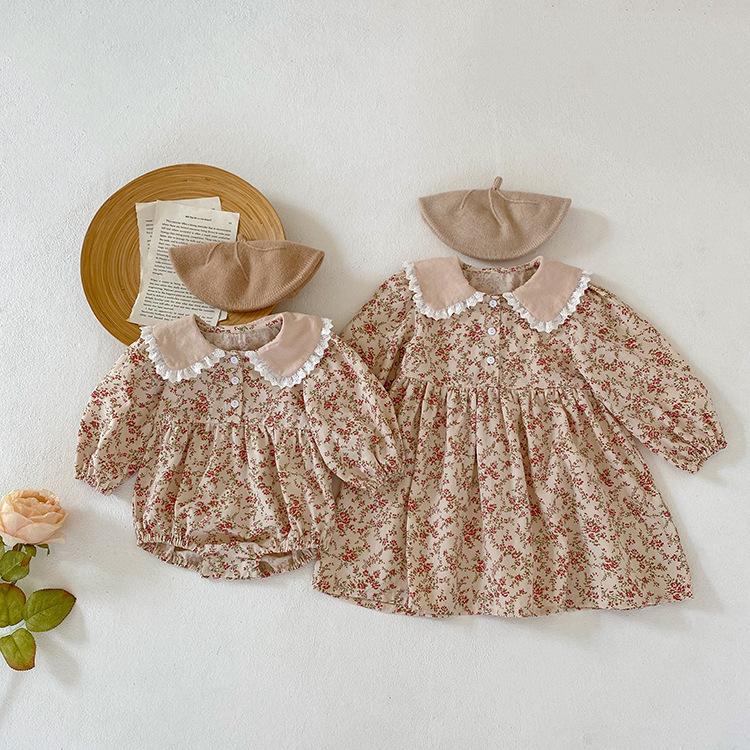 South Korea Children's Clothing Spring and Autumn New Baby Floral Climbing Suit Bag Fart Clothes Girl Doll Collar Girl dress Sisters Clothes