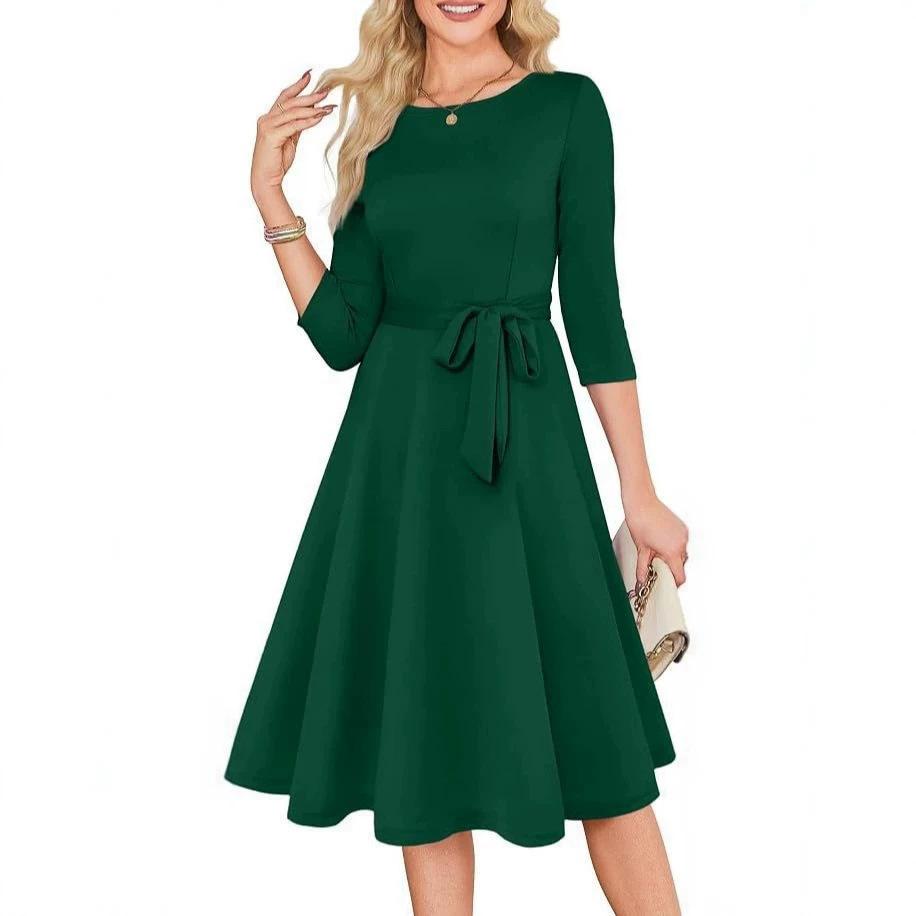 Cross-Border Amazon New In-Stock Solid Color Dress with 7/8 Sleeves, Elegant Wedding Style, Round Neck Knitted Dress for Women