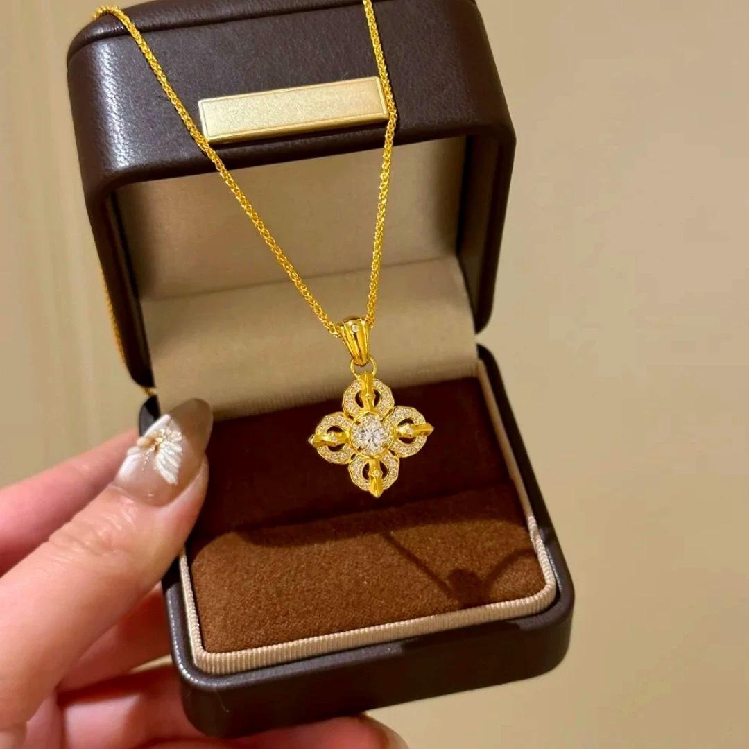New Chinoiserie National Trend Ancient Sand Gold Diamond Cross Vajra Pendant Necklace Women's National Trend Exquisite High Quality Necklace