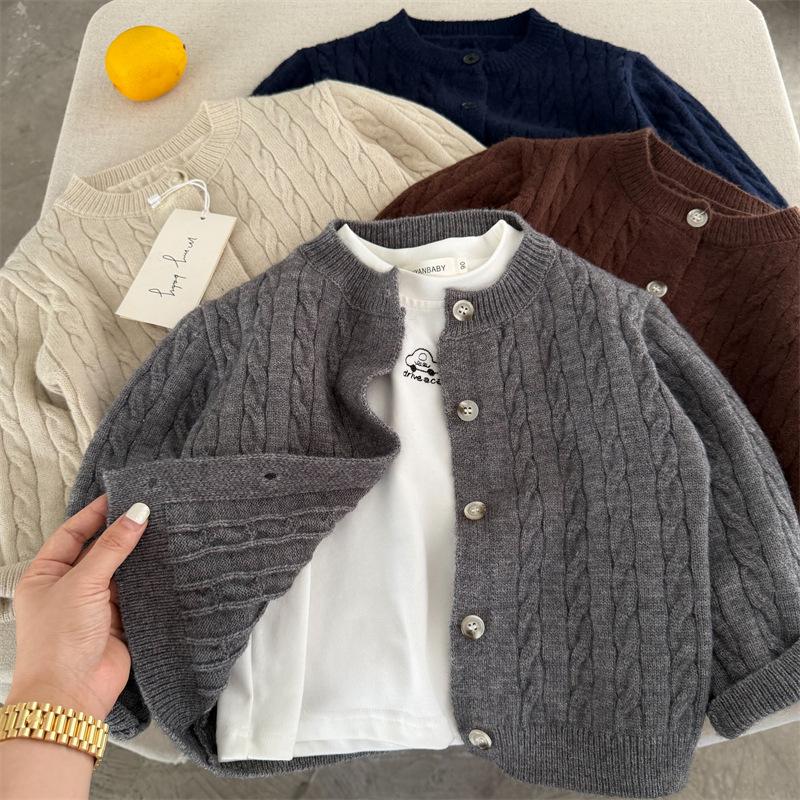 Children's Sweater 2026 Autumn New Product for Boys and Girls, Solid Color Cable Knit Sweater, Baby Round Neck Knitted Cardigan