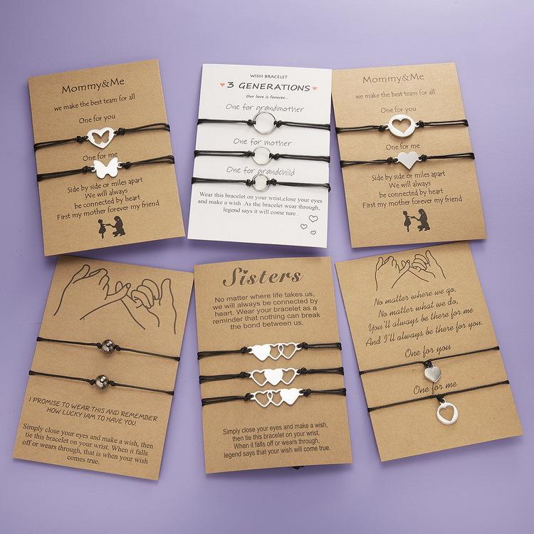 Cross-border hot selling Mother's Day card bracelet geometric hollow multi-pack woven adjustable sisters family bracelet