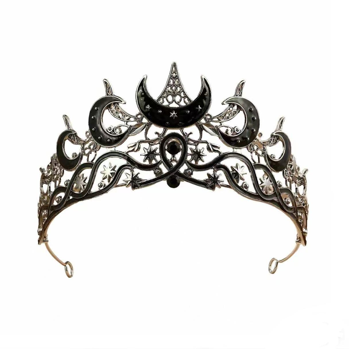 Cross-border black crown, light luxury star and moon crown, vintage distressed metal texture headpiece, manufacturer wholesale bridal accessories