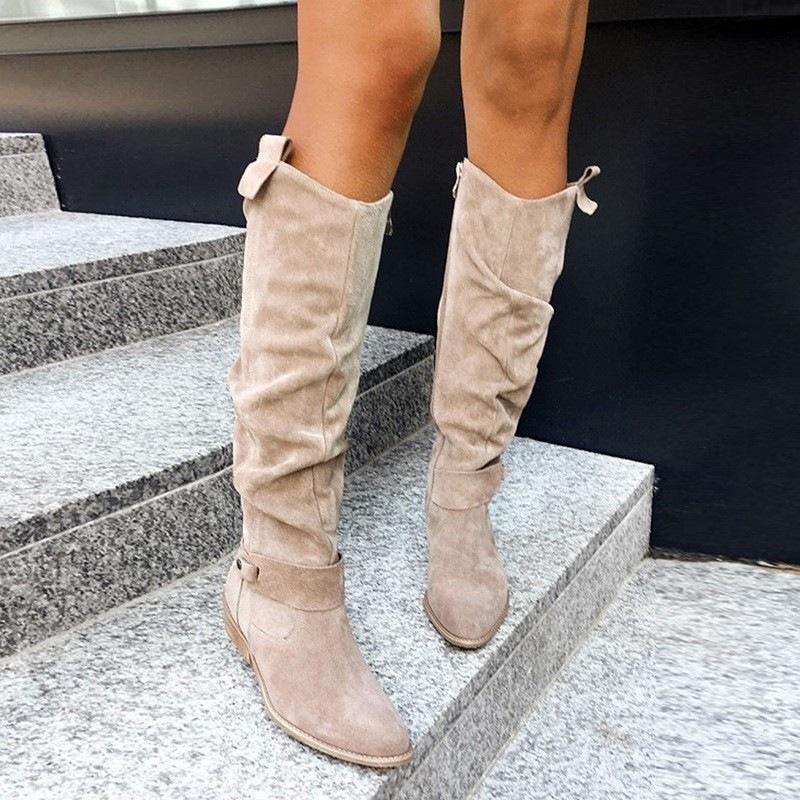 Foreign trade suede pointed-toe low-heeled long boots, 2026 autumn new collection, pleated, plus-size, retro style, with side zipper, and a ruched design for women