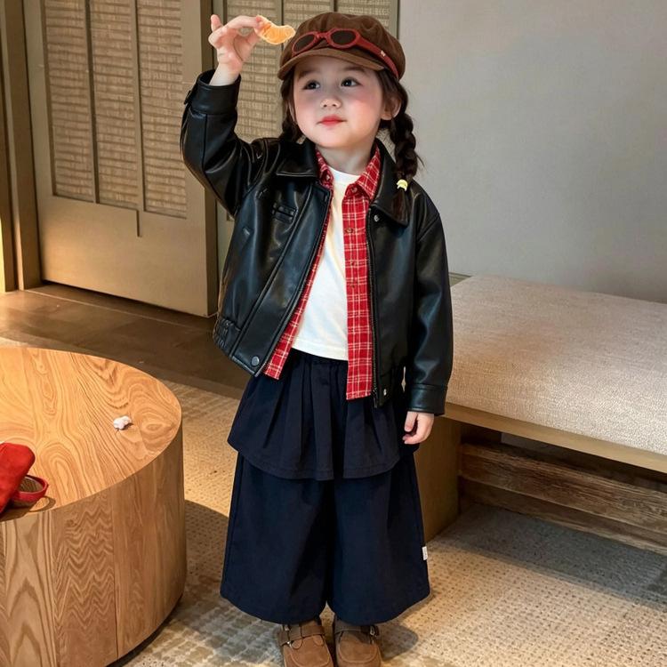 Children's Korean-style autumn layered fashion leather jacket, new stylish baby motorcycle jacket, versatile autumn clothing for infants