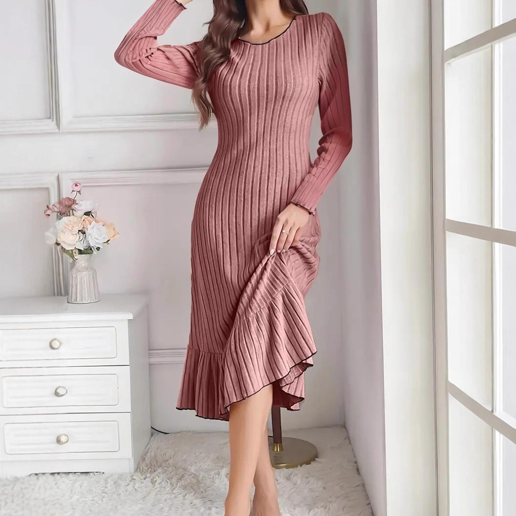 Amazon European and American Style Autumn and Winter New Long-Sleeve Solid Color Dress with Ruffled Edges Fashion Women's Clothing