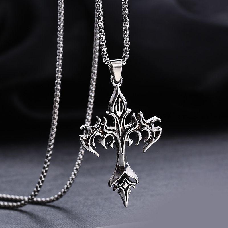 Flame Punk Cross Necklace for Men and Women, Retro Versatile Street Couple Pendant Design Necklace Sweater