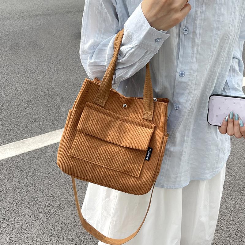 Corduroy Multi-Pocket Tote Bag for Students, Simple and Versatile Handbag Lunch Box Bag