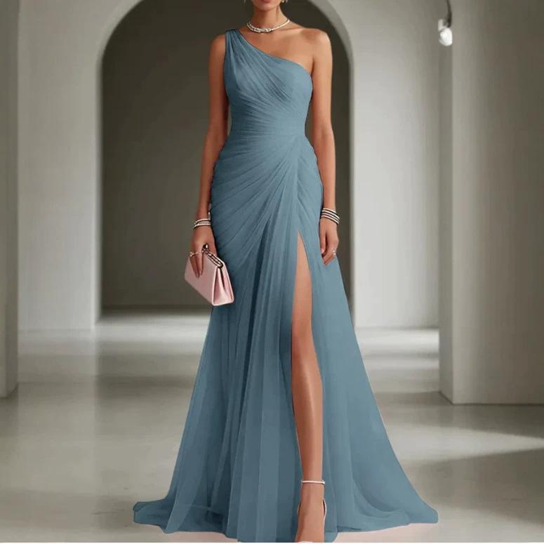 Cross-border long evening dress in European and American style, 2026 summer fashion, sexy and elegant one-shoulder slit party dress