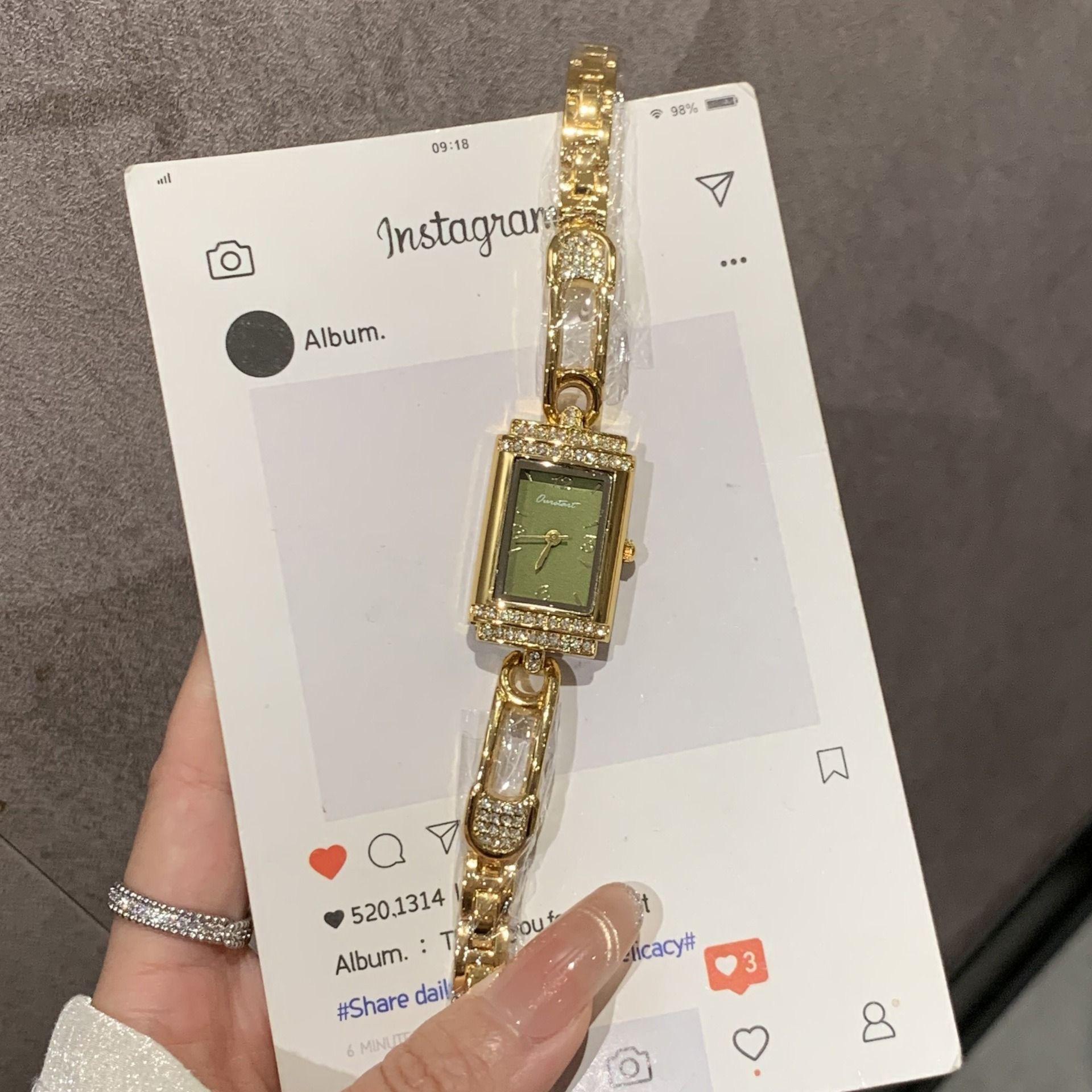 Cross-Border New Model Women's Watch Bracelet Square Light Luxury Ins Style Exquisite Diamond-Encrusted Quartz Watch Gift Box Set