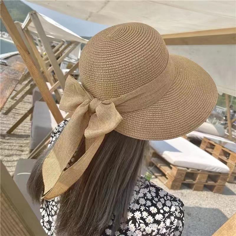 Spring and Summer Travel Straw Hat French Lace-Up Sun Protection Hat Adult Large Brim Beach Straw Hat Fisherman Hat
