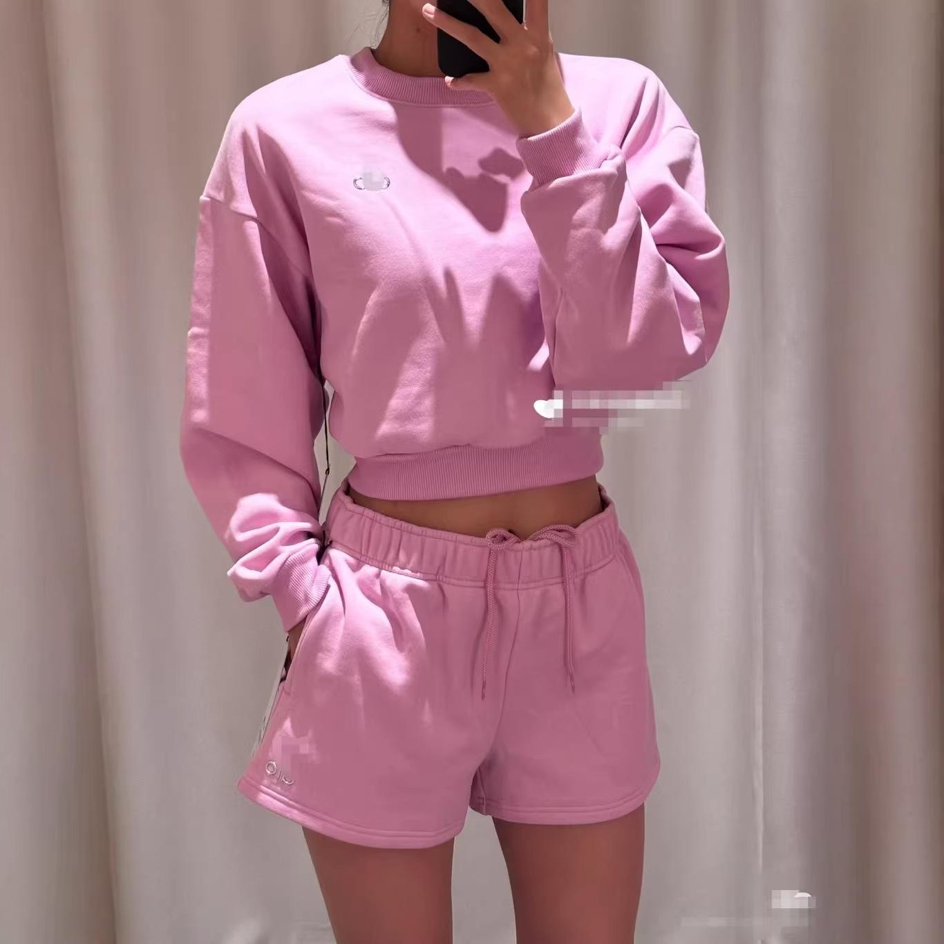 A26 Spring and Summer New Style Pure Cotton Terry Short Crop Top Round Neck Long-Sleeved Sweatshirt + Drawstring Shorts Set for Women