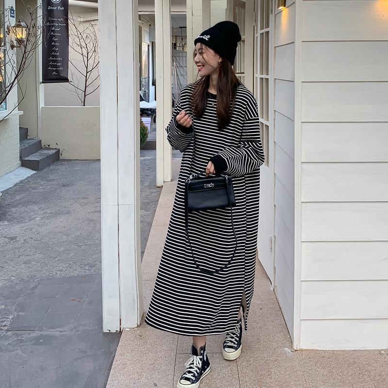 Striped Dress 2025 Autumn and Winter Lazy Oversize Loose Hem Slit Fleece-Lined Knee-Length Sweatshirt Dress