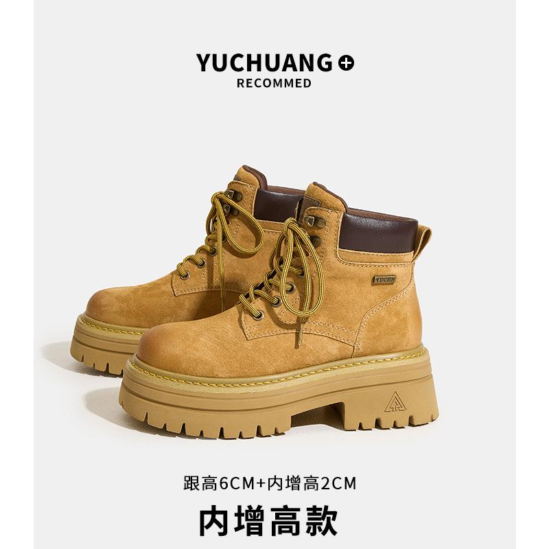 White Deer Style Martin Boots for Women, New Autumn Outdoor Hiking and Mountaineering Boots, Large Yellow Boots, First Layer Pigskin Work Boots for Women