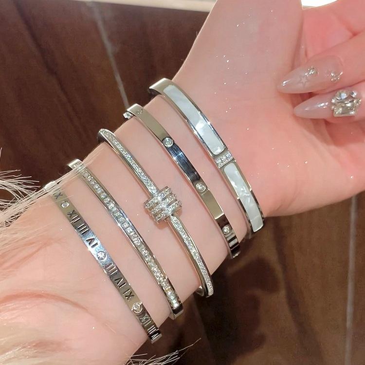 Light Luxury and High-End Full Diamond Bracelet for Women 2025 Hot Style Silver Titanium Steel Bracelet New Couple Jewelry