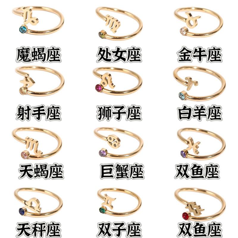Tongxin Jewelry Twelve Constellation Ring 12 Constellation Rune Titanium Steel Ring Zircon birthstone Open Ring Ring