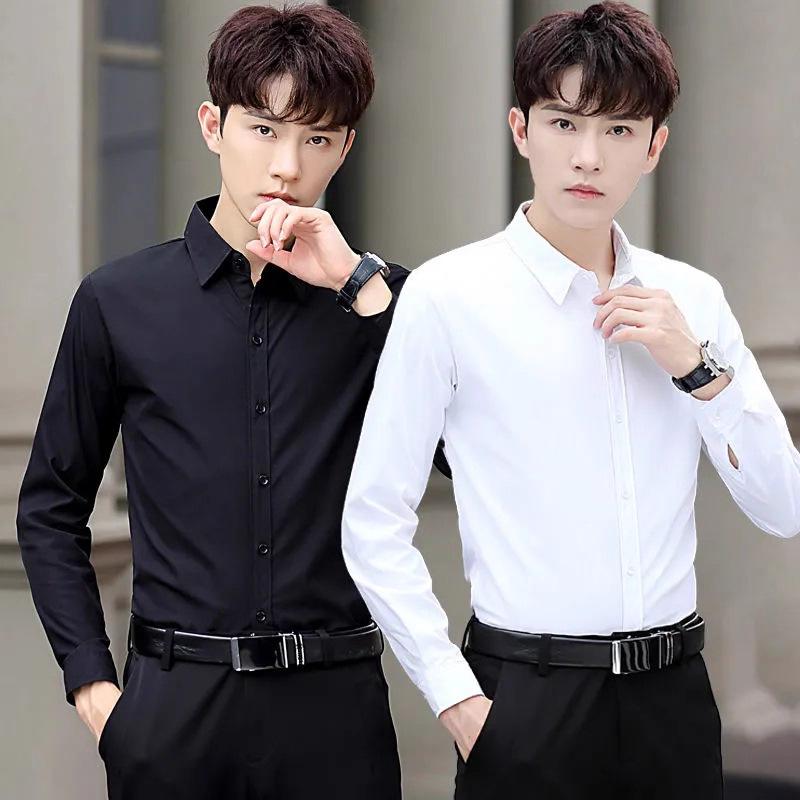 Men's Black Shirt Long-Sleeved Business Slim Formal Work Professional Wear Solid Color Bottoming Shirt Source Factory