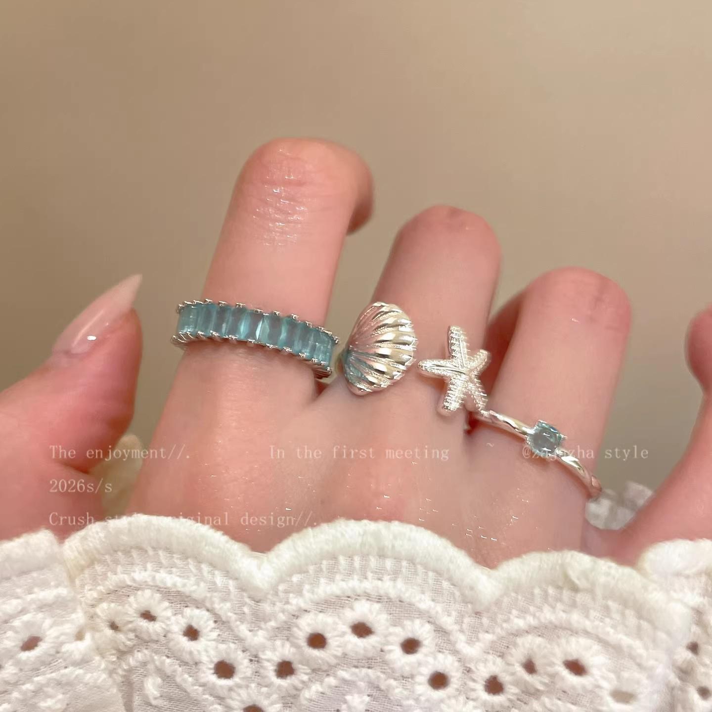 Blue Starfish Shell Open Ring for Women, High-End Island-Style Index Finger Ring Accessory, Seaside Vacation Style Ring