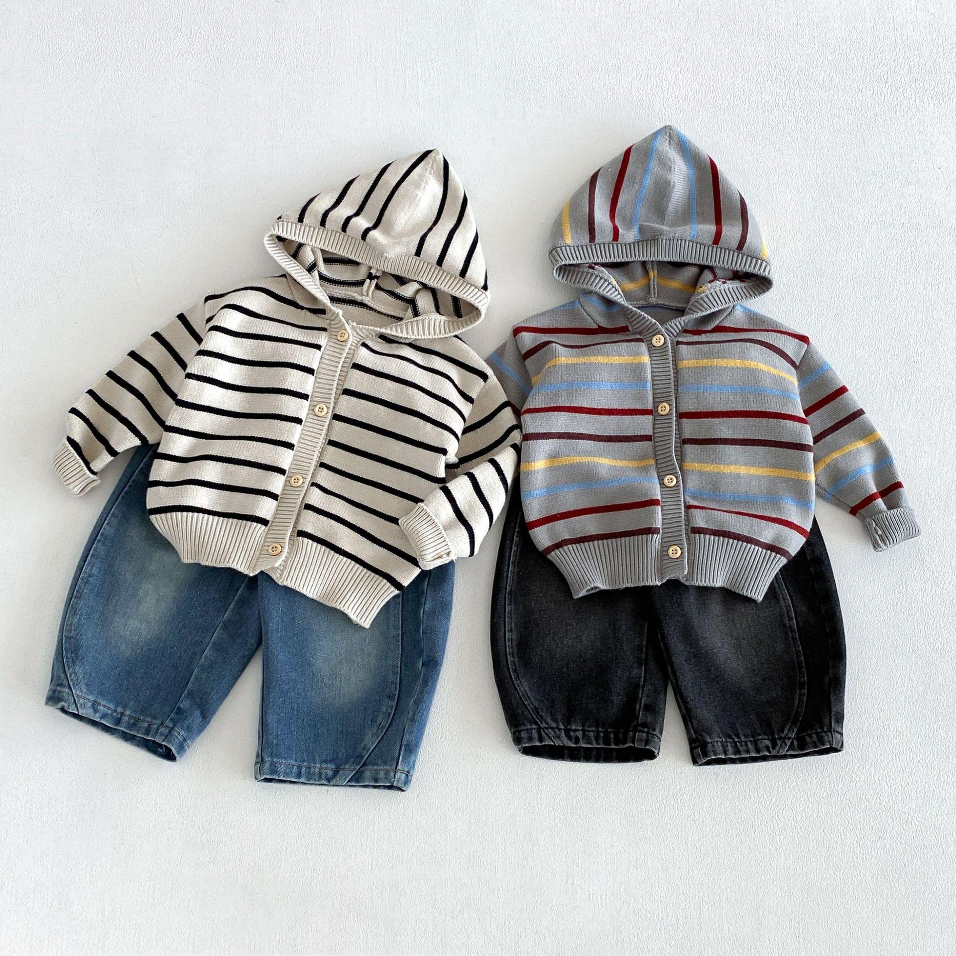 Boys' striped knit sweater 2026 new autumn baby boy hooded sweater children's color-blocking cardigan zqm6447
