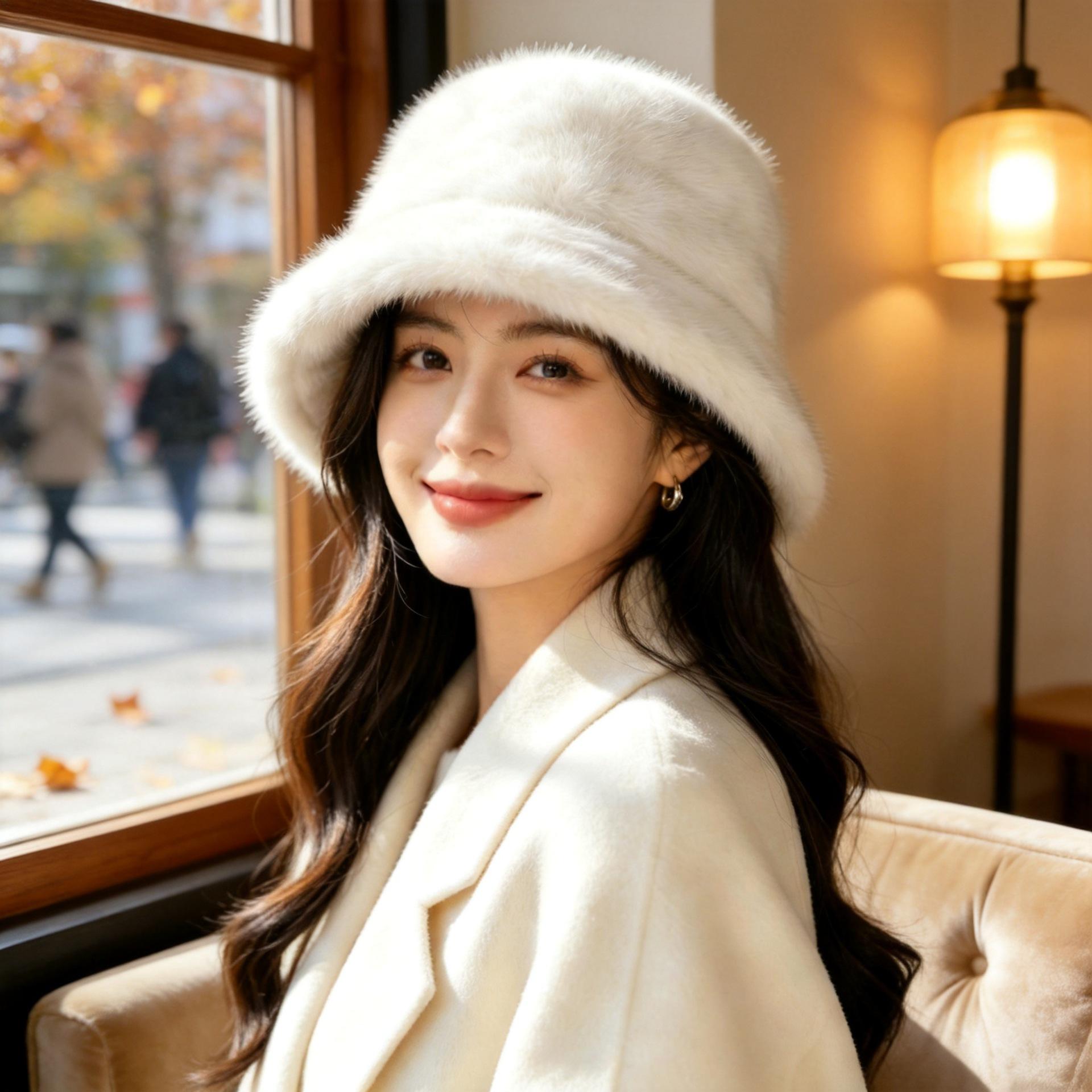 Winter Plush Fisherman's Hat for Women, Warm and Windproof, Round Top, Solid Color, Simple, Fresh and Sweet, Women's Hat That Makes the Face Look Smaller