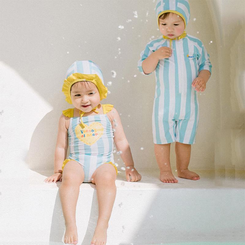 2026 Kidsren's Swimsuit Boys and Girls One-Piece Striped 1-Piece Quick-Drying Swimsuit for Kidsren 0-3 Years Old Infants and Toddlers