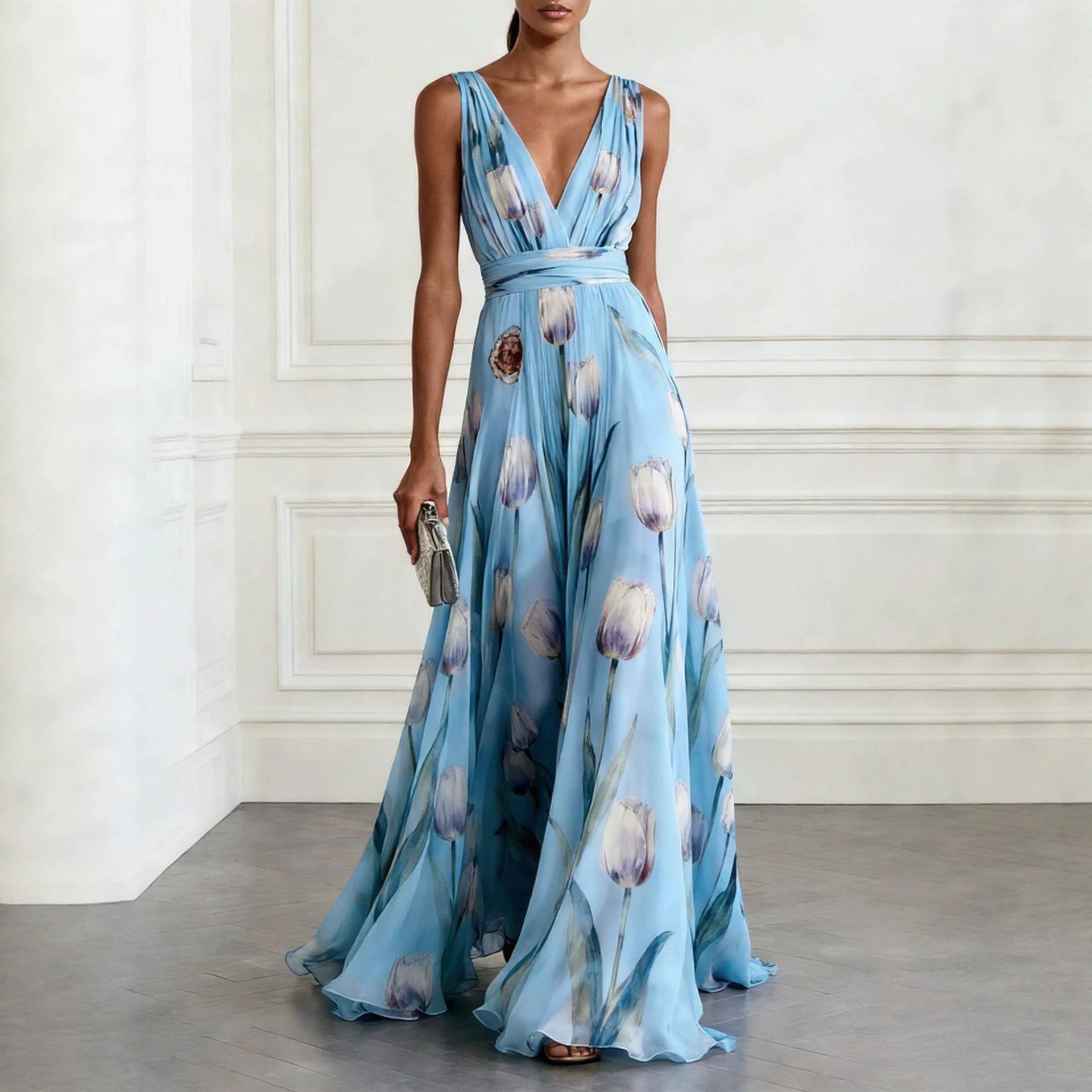2026 European and American cross-border independent brand new tulip-print evening dress, women's sleeveless V-neck long gown