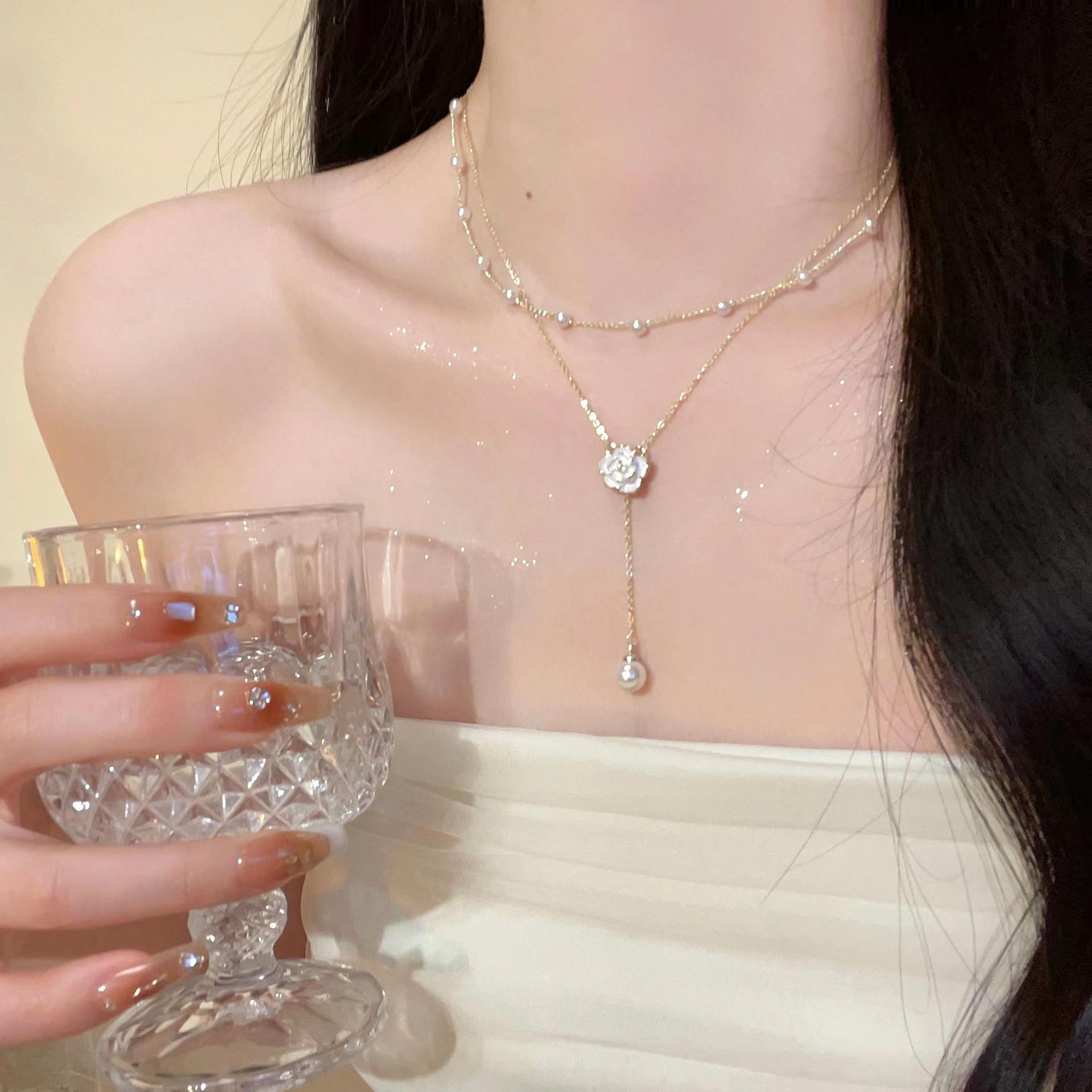 Super Fairy Elegant Pearl Camellia Double-Layer Necklace Women's Accessible Luxury High-End Elegant Clavicle Chain Fashion Stacking Accessories
