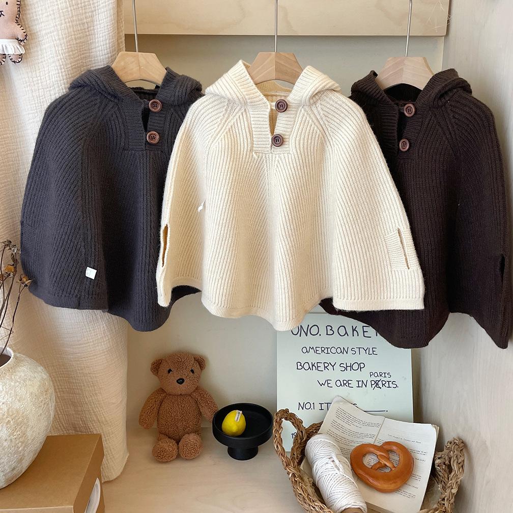 2026 Children's Hooded Cape Baby Windproof Cardigan Stylish Knitted Cloak for Kids Sweater Coat