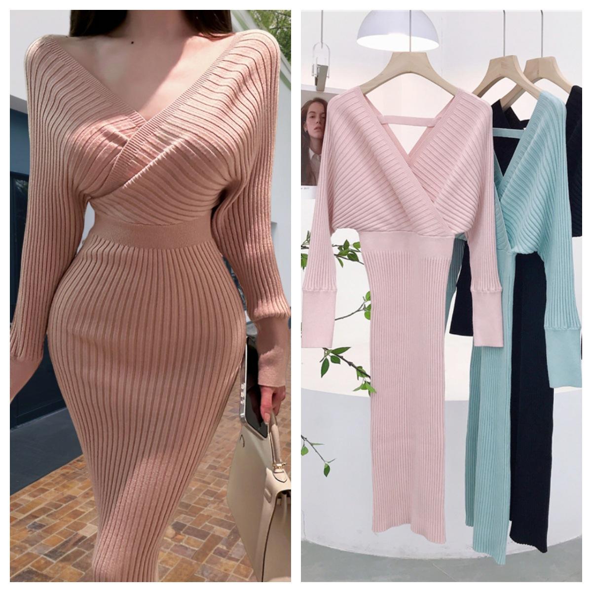 8146 Pink Bodycon Dress for Autumn and Winter, Pure and Sexy V-Neck Cross-Back Batwing Sleeve Waist-Cinching Inner Dress