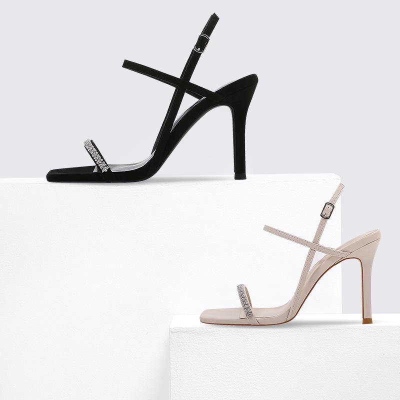 2024 New Summer Stiletto Sandals Women's Black Rhinestone Straight Buckle Korean Internet Celebrity High Heels Women's Shoes