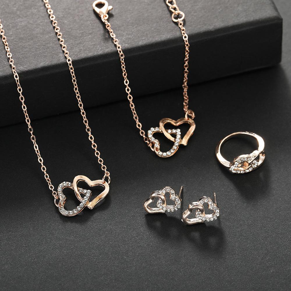 New European and American Style Simple Alloy Double Heart Necklace Jewelry Set, Light Luxury Bridal Double Heart Jewelry Four-Piece Set