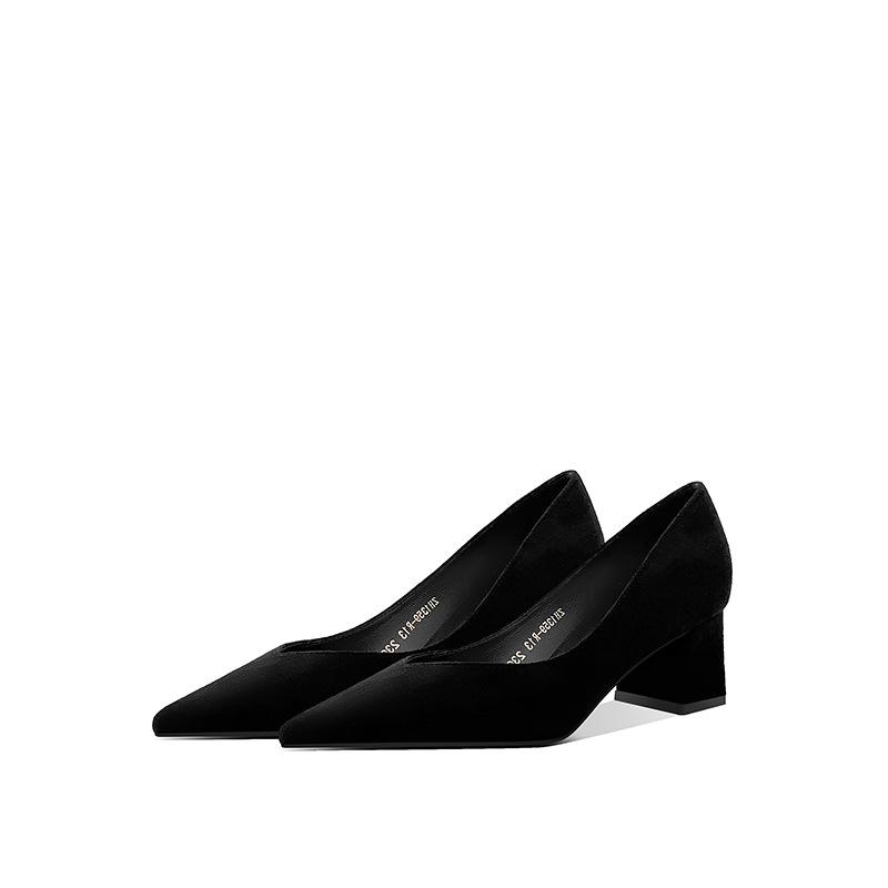 Formal High Heels Women's Thick Heel 2025 New Suede Shallow Mouth Pointed Toe Flats 5cm Medium Heel Professional Black Women's Shoes