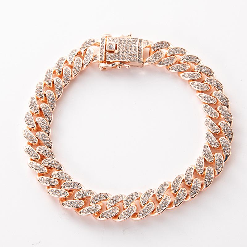 Trendy and Cool Street Dance Rap Accessories for Men and Women in Europe and America, Fashionable 13mm Full Diamond Large Gold Chain, Rose Gold Cuban Chain