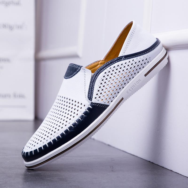 Cross-Border Popular Large-Size Southeast Asian Genuine Leather Loafers for Men, Summer Breathable Hollow Leather Slip-On Shoes for Men