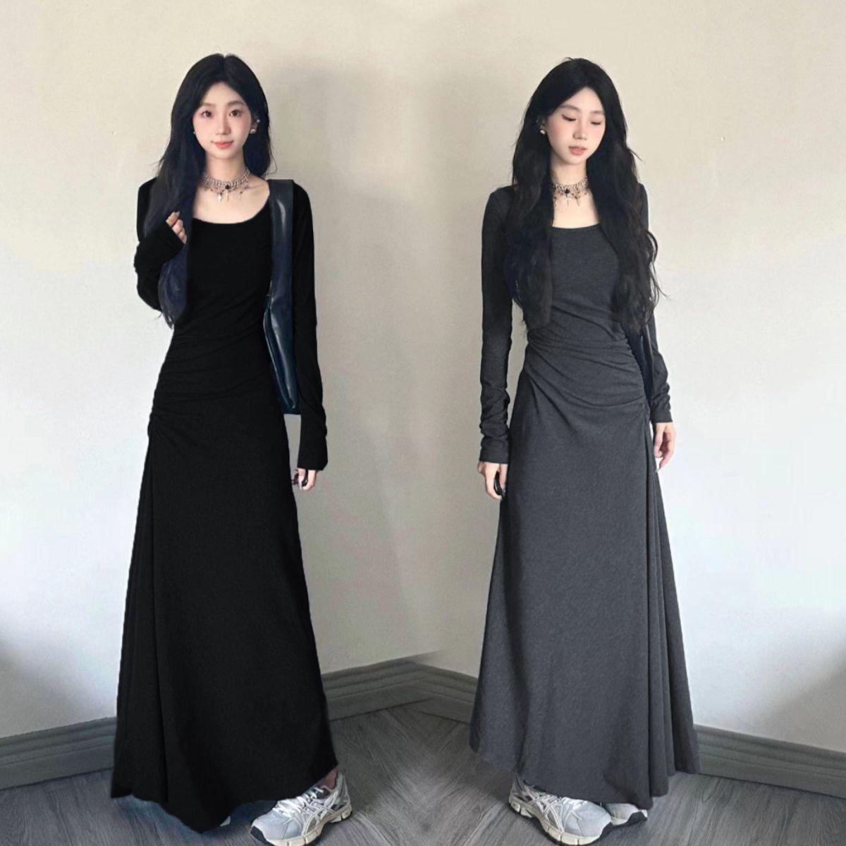 French style long sleeve gray dress women's waist slimming draping dress high-grade over-the-knee skirt autumn and winter inner wear