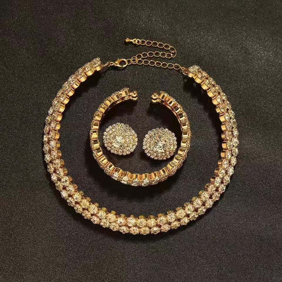 Cross-Border New Fashion Full Rhinestone Multi-Layer Multi-Row Choker Earrings Bracelet Bridal Necklace Short Necklace