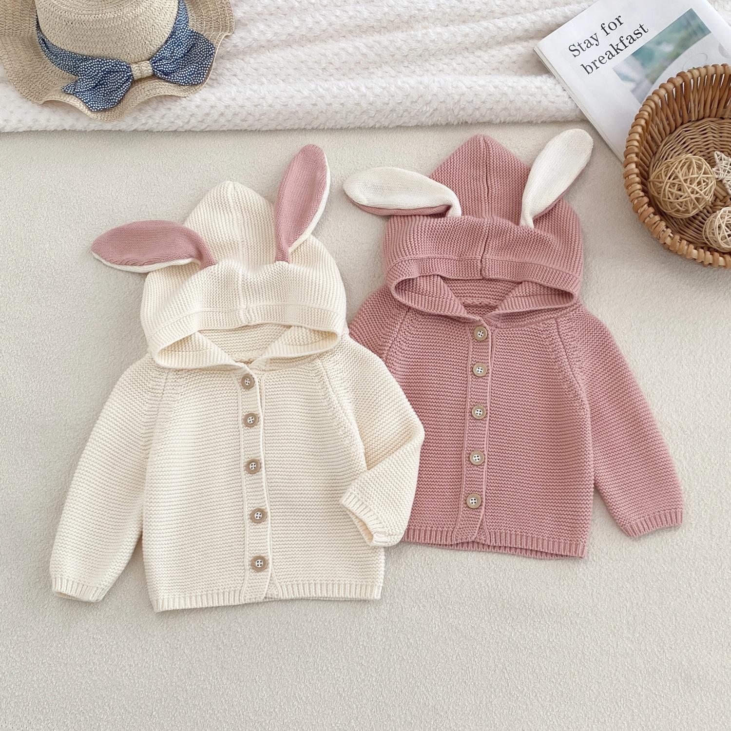 2026 Super Cute Rabbit Ear Hooded Cotton Cardigan for Baby Girls, New Solid Color Children's Sweater, Cute Coat for Baby Girls