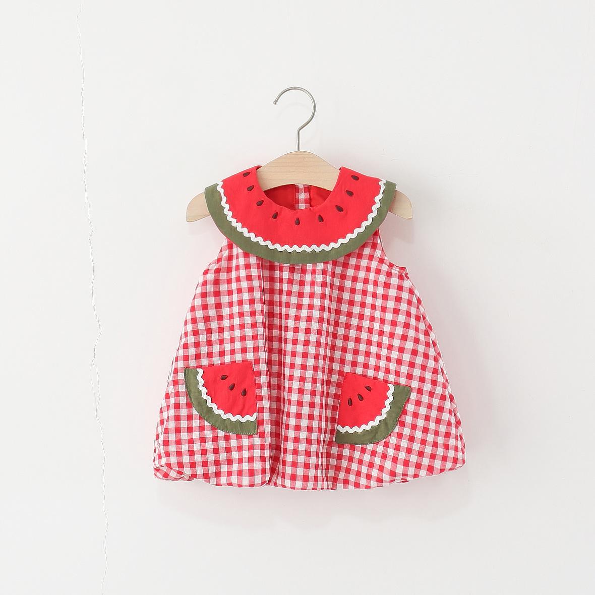 Children's Clothing 2026 New Style Girls' Sleeveless Dress Summer Kidsren's Baby Watermelon Collar Plaid Cotton Princess Dress