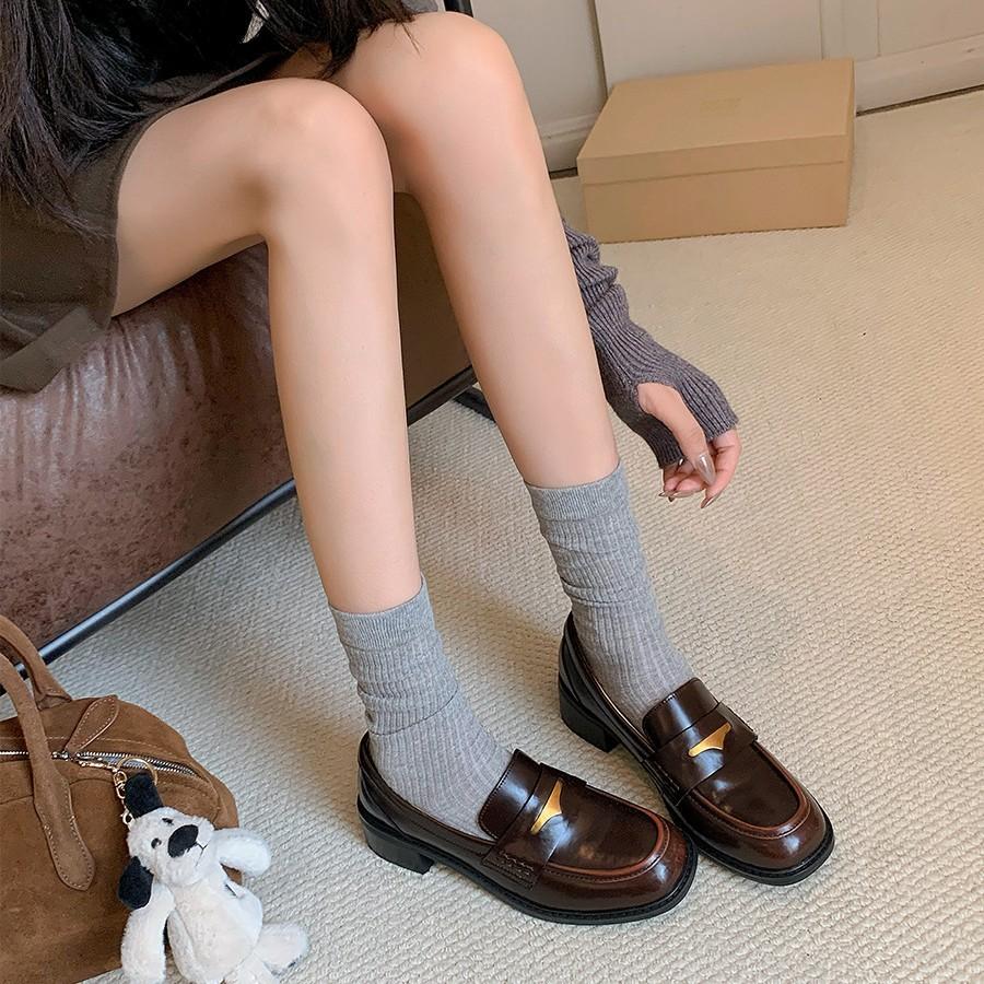 [in Stock] Retro Loafers for Women, Slip-On, Comfortable, Chunky Heel, Round Toe, Versatile British Style Leather Shoes