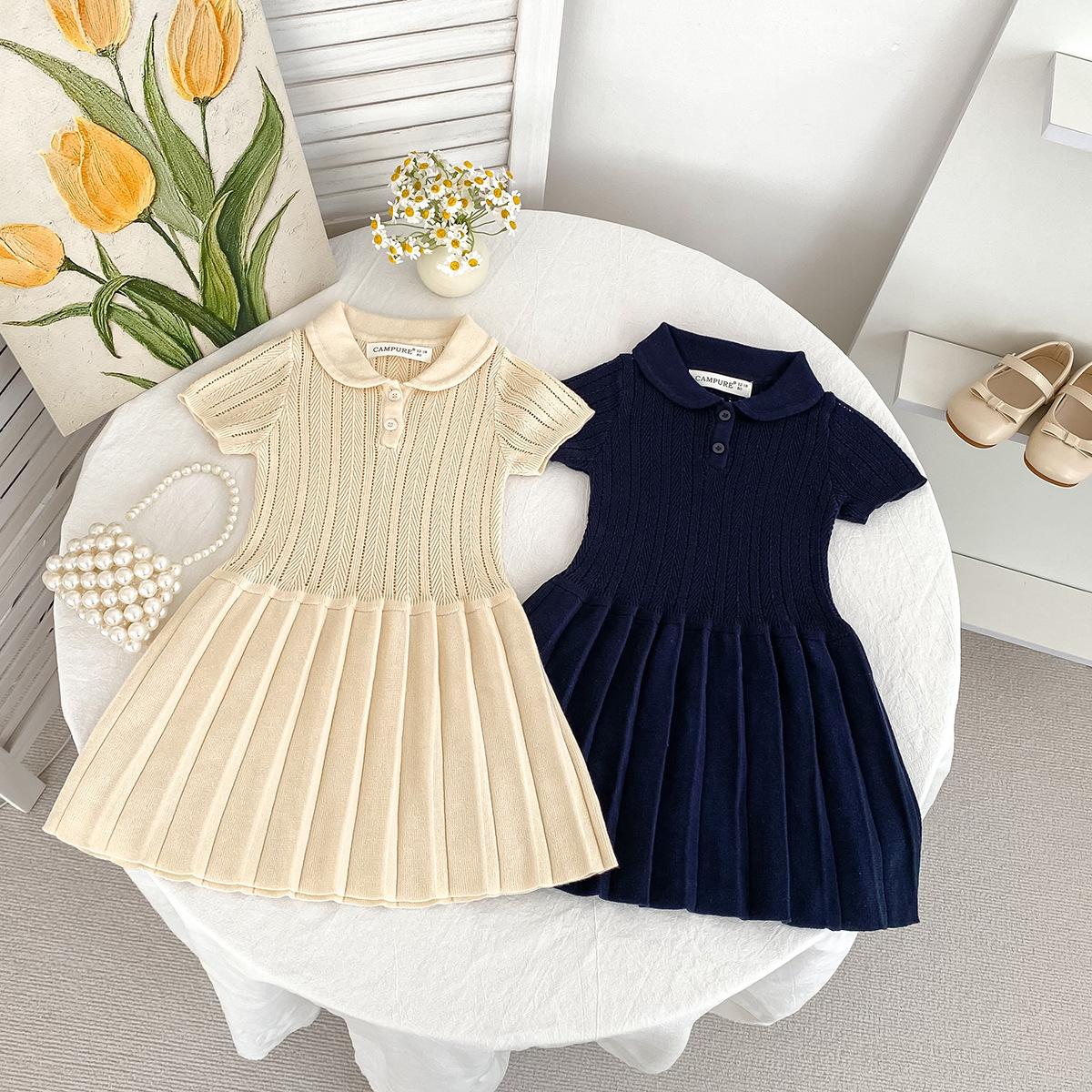 2026 New Style Girls' Knitted Dress Summer Style Preppy Style Lapel Short-Sleeved Pleated Skirt Baby Fashionable Princess