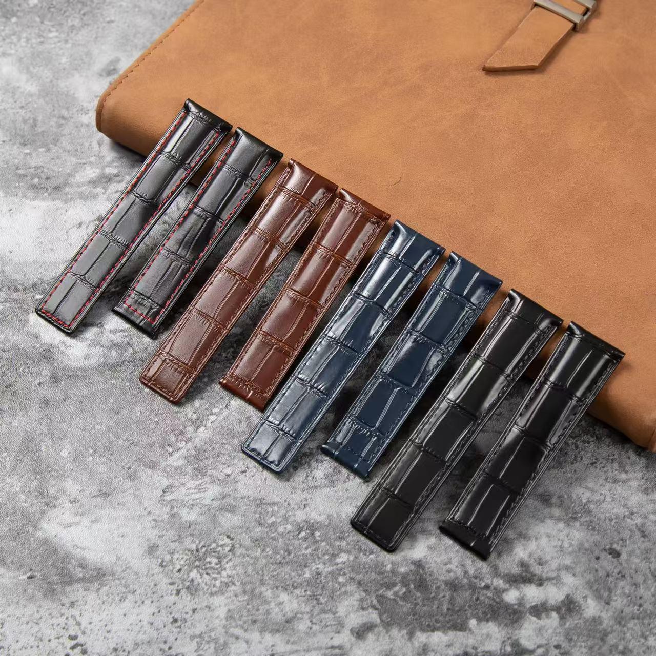 Bamboo Pattern Crocodile Tail Pattern First-Layer Cowhide Leather Watch Strap Suitable for Luxury Folding Double-Button Watch Strap Accessories 20/2