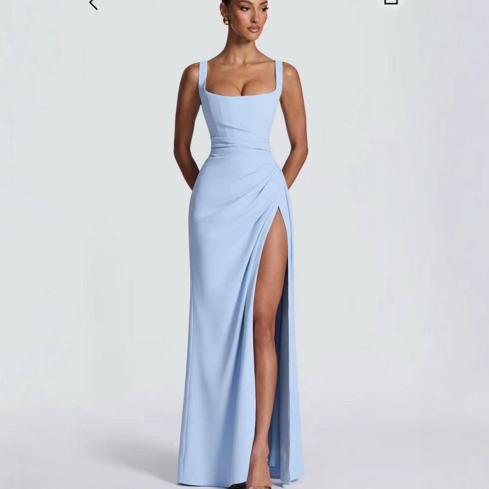 Cross-Border Foreign Trade European and American Style Elegant French-Style Dress for Women with Tie Waist and Slit, Summer Strapless Dress