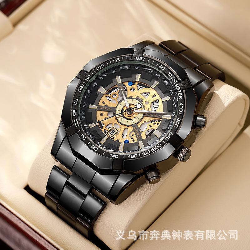 Mechanical Style Hollow Men's Watch with Large Dial, Multi-Functional Calendar, Trendy Business Waterproof Quartz Watch Wholesale