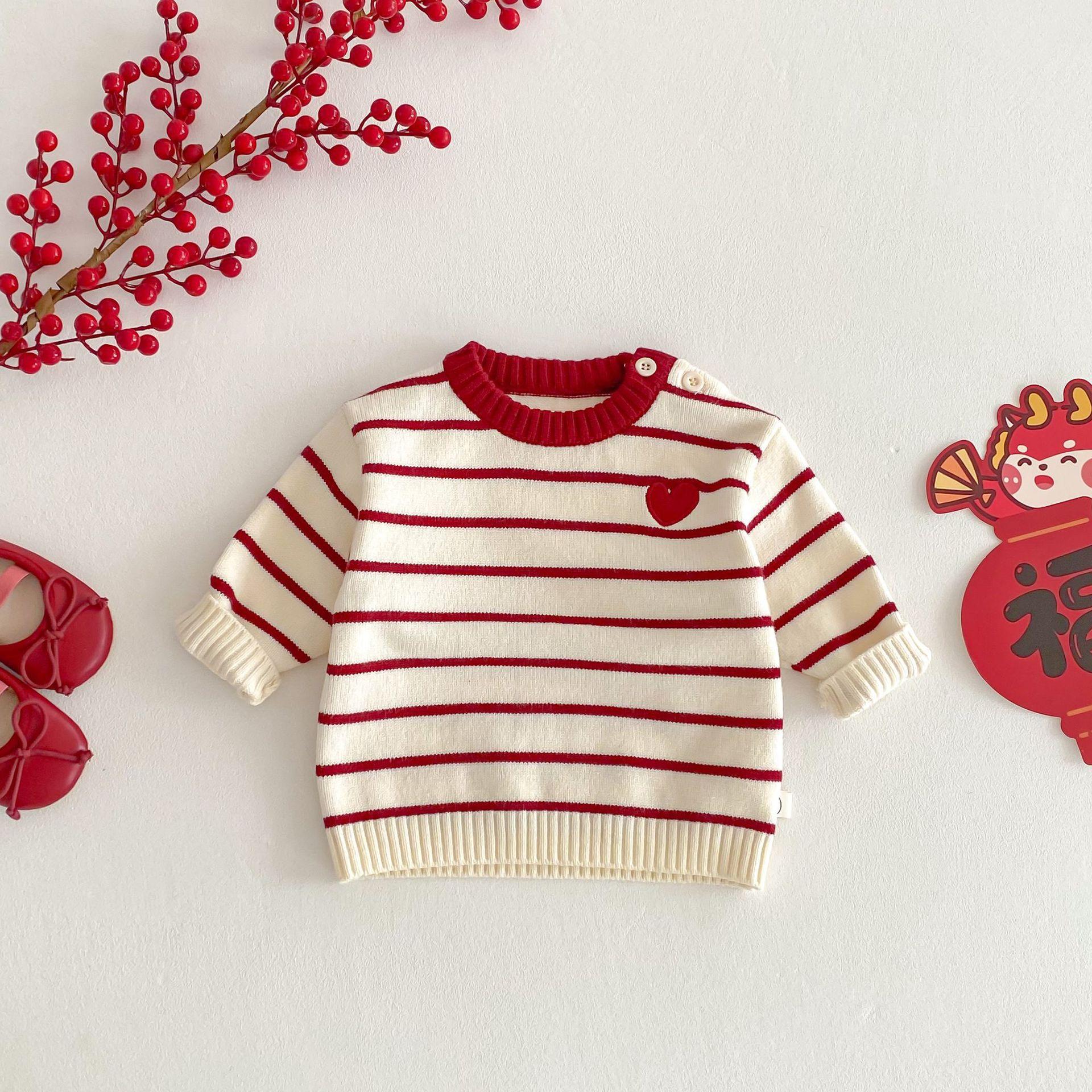 Children's Thick Sweater Winter Striped Knit Pullover for Girls, Baby New Year Outfit, First Birthday Clothes