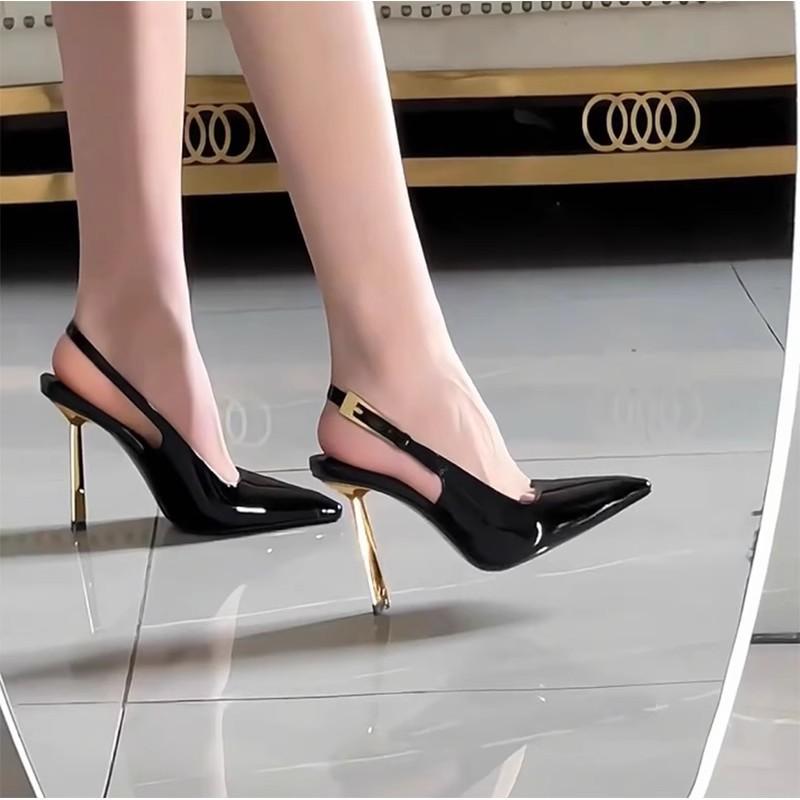 European and American 2026 Spring/Summer New Style Shallow Metal Heel Stiletto High Heels, Feminine Square-Toe Closed-Toe Sandals for Women