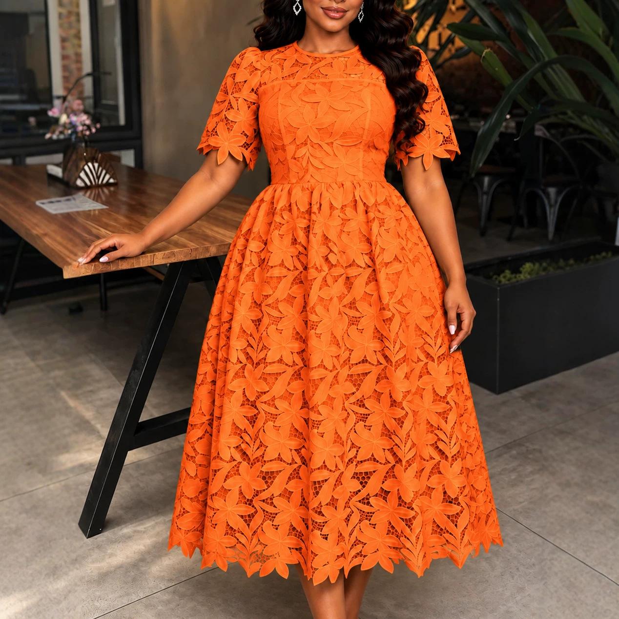 Cross-Border European and American High-End Round Neck Dress, Fashionable and Elegant Lace See-Through A-Hem Banquet Evening Dress Dress
